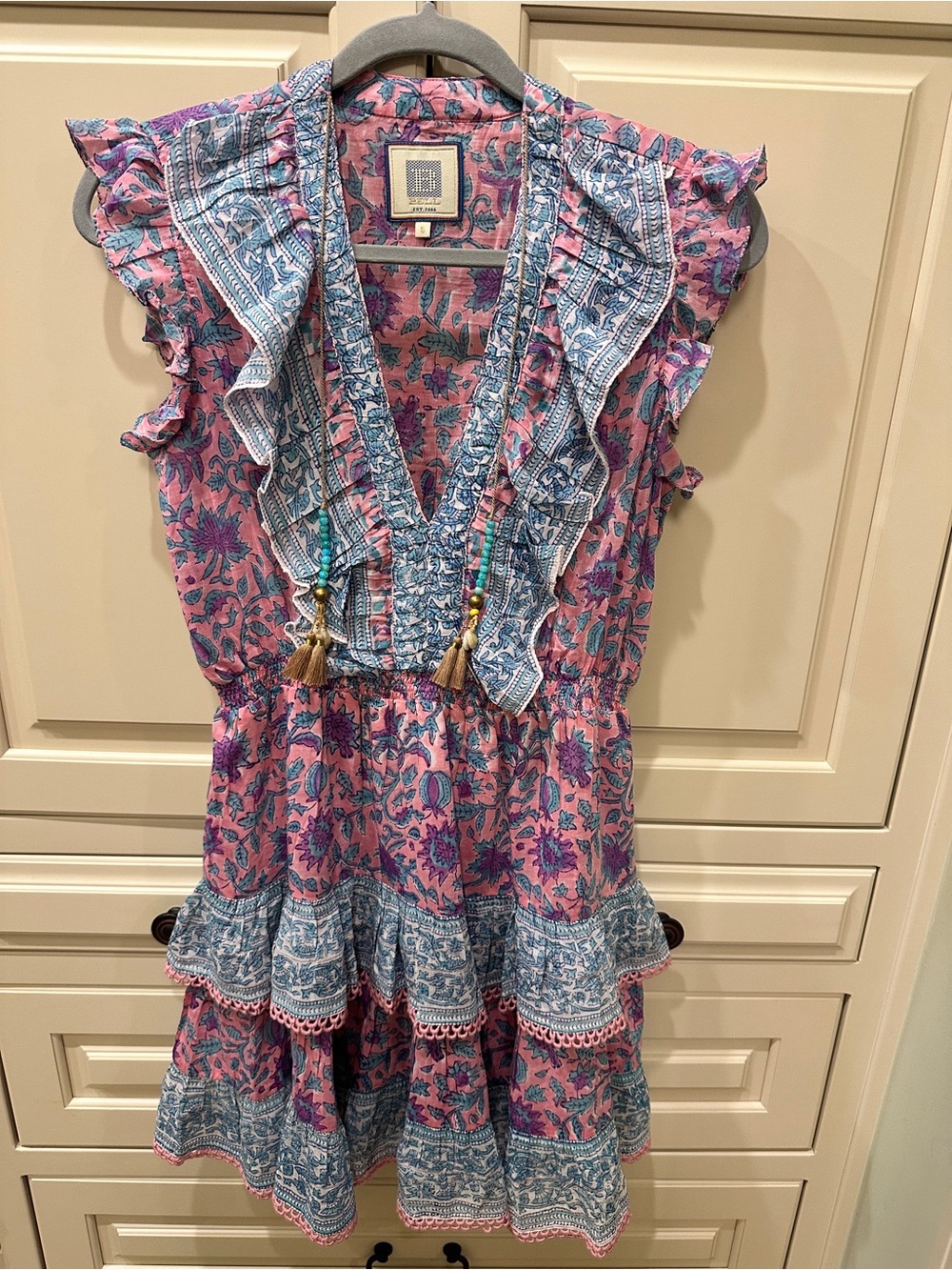 Boho Alicia Bell Pink Floral Tiered Mini Dress with Blue Trim
